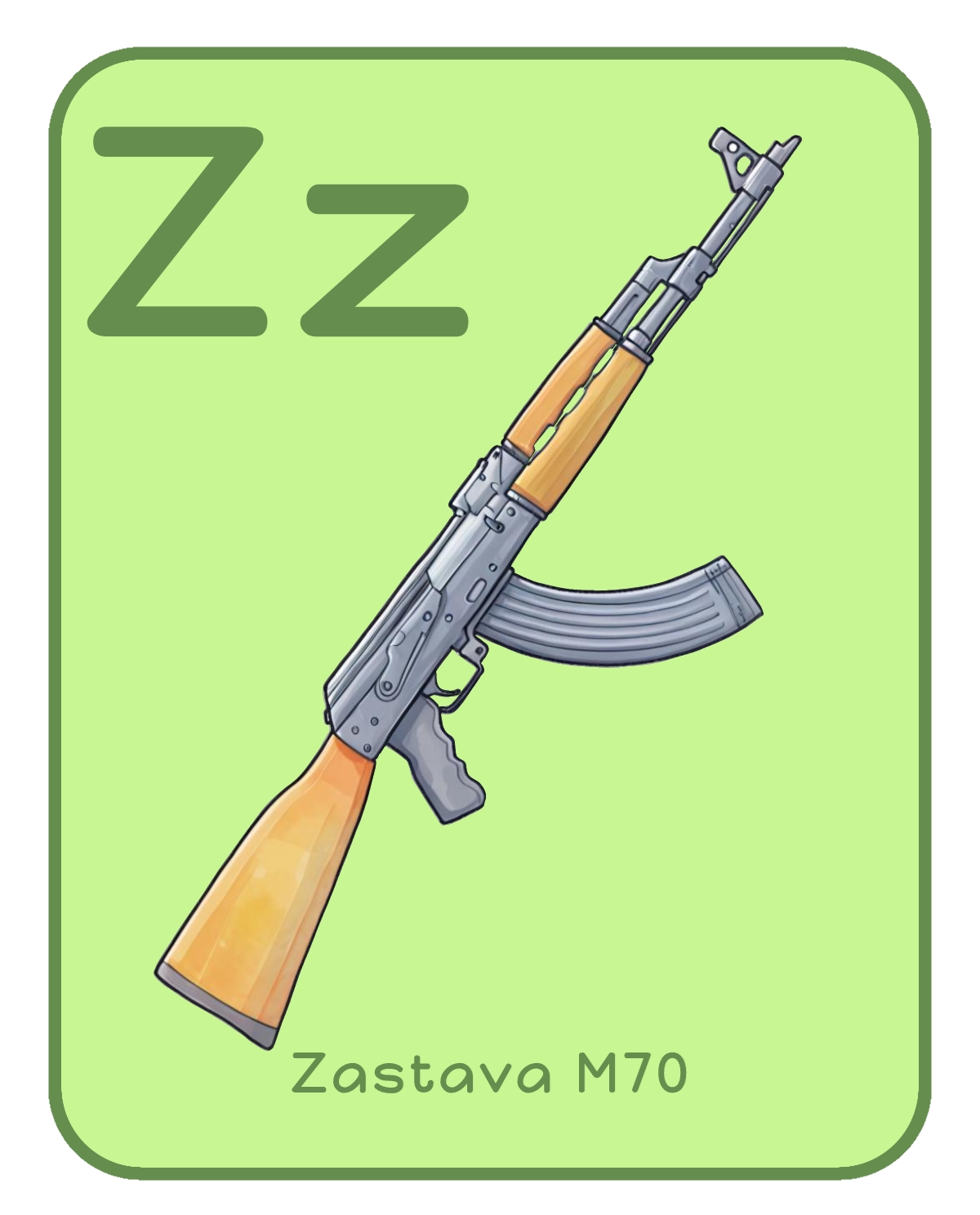 Children's alphabet flashcard: letter Z, Zastava M70 rifle illustration