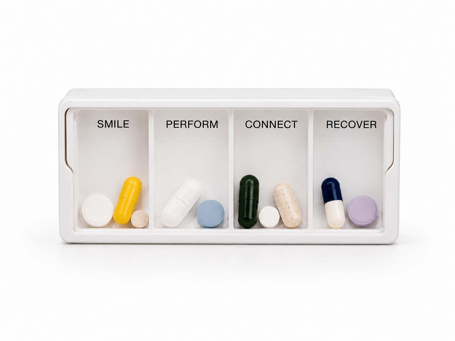 Pill organizer box with compartments labeled Smile, Perform, Connect, and Recover, each filled with different pills